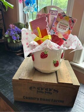 Strawberry Ceramic Planter Gift with Pink Polka Tissue